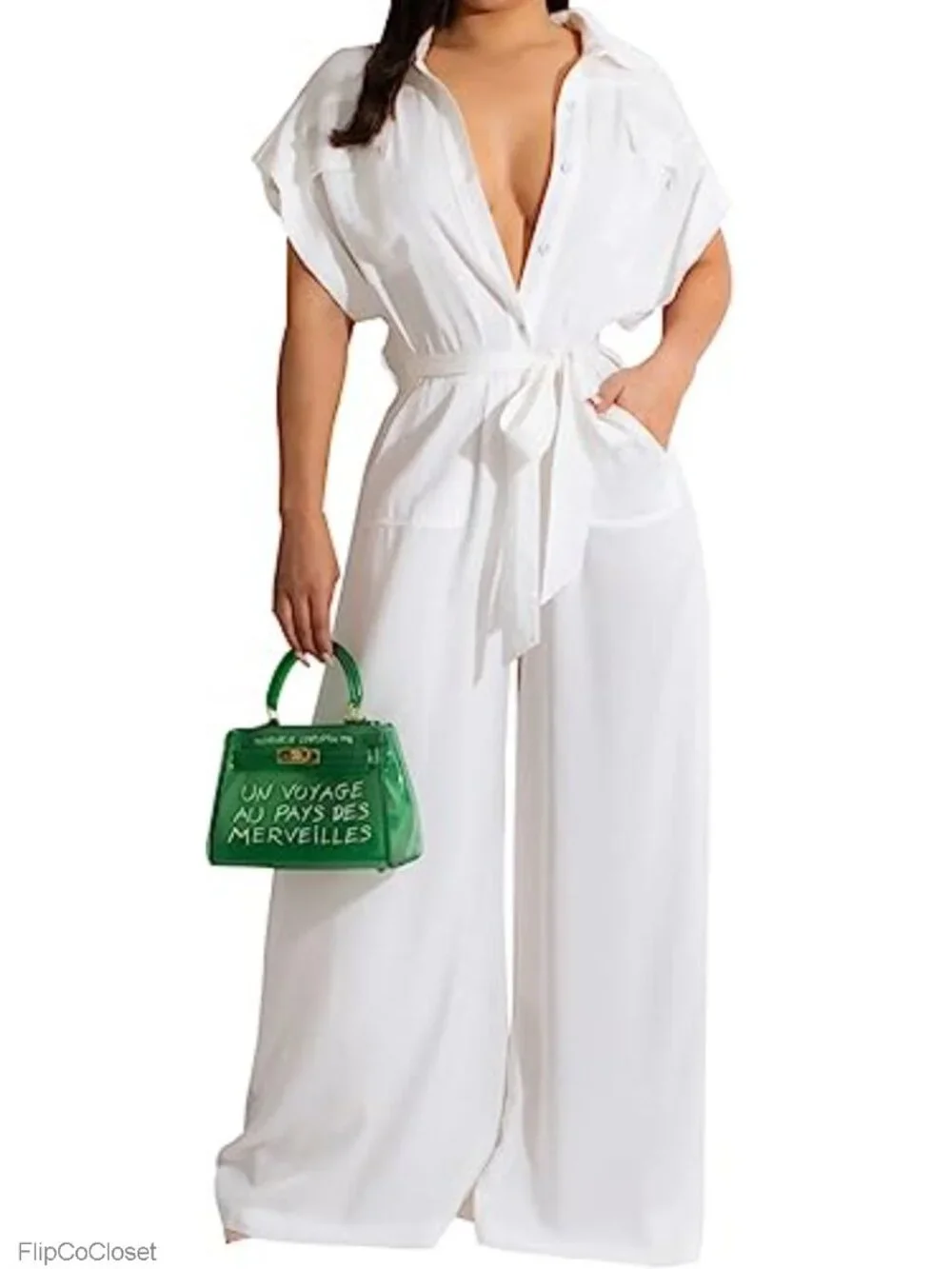 Wide Leg Jumpsuit with Belt Short Sleeve Loose Romper Club Party Work